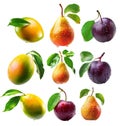 Set of mango, pear, plums or nectarine covered in dew drops with green leaves isolated on white background Royalty Free Stock Photo