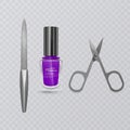 Set of manicure accessories, illustration of manicure scissors, purple nail Polish and nail file, hand care, vector eps