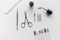 Set for manicure. Scissors, nail polish, nail file on a white Royalty Free Stock Photo