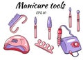 A set of manicure tools. Tools for hardware manicure and pedicure. Apparatus for manicure, cutters, ultraviolet lamp