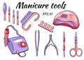 A set of manicure tools. Tools for hardware manicure and pedicure. Apparatus for manicure, cutters, ultraviolet lamp.