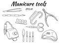 A set of manicure tools. Tools for hardware manicure and pedicure. Apparatus for manicure, cutters, ultraviolet lamp.