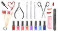 A set of manicure tools. Watercolor illustration clipart isolated on white background. Hand drawn nail polish and Royalty Free Stock Photo