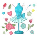 Set of mannequin sewing accessories. Hand drawing. Vector illustration Royalty Free Stock Photo