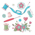 Set of mannequin sewing accessories. Hand drawing. Vector illustration