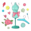 Set of mannequin sewing accessories. Hand drawing. Vector illustration Royalty Free Stock Photo