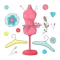 Set of mannequin sewing accessories. Hand drawing. Vector illustration Royalty Free Stock Photo