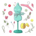 Set of mannequin sewing accessories. Hand drawing. Vector illustration Royalty Free Stock Photo