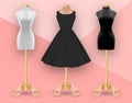 Set of mannequins. Black womens dress mockup on beige mannequin. Clothes realistic 3d mock up