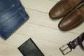 Set of mans fashion and accessories on wooden background Royalty Free Stock Photo