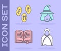 Set Mantle, cloak, cape, Magic runes, Ancient magic book and Witch icon. Vector