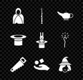 Set Mantle, cloak, cape, Magic wand, lamp or Aladdin, Hand saw, Cube levitating above hand, Witch, Magician hat and