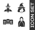 Set Mantle, cloak, cape, Wizard warlock, Three tarot cards and Witch icon. Vector