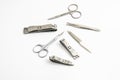 Set for manucure or pedicure, top view, scissors, tweezers, nail clippers Royalty Free Stock Photo