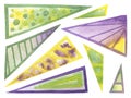 Set of many abstract triangles green, yellow, violet gradient color. Hand drawn watercolor painting on white background clip art Royalty Free Stock Photo