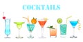 Set of many alcohol cocktails Blue Hawaiian, Martini, Cosmopolitan, Mojito tropical cocktail drinks with alcohol Royalty Free Stock Photo