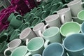 Set of many empty cups different colors abstract background Royalty Free Stock Photo