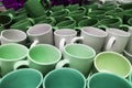 Set of many empty cups different colors abstract background Royalty Free Stock Photo