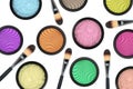 Set of many eyeshadows and brushes isolated on white Royalty Free Stock Photo