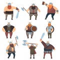 Set of many male vikings with weapons over white background Royalty Free Stock Photo