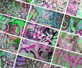 A set of many small fragments of tagged walls. Graffiti vandalism abstract background collage