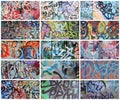 A set of many small fragments of tagged walls. Graffiti vandalism abstract background collage