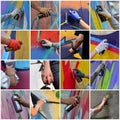 A set of many small images of hands with paint cans in the process of drawing graffiti. Street art abstract background collage