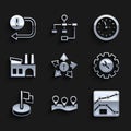 Set Many ways directional arrow, Location, Graph, chart, diagram, Wrench and gear, Flag, Factory, Clock and Arrow icon