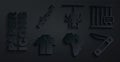 Set Map of Africa, Animal cage, Shirt, Swiss army knife, Spider and Hunting gun icon. Vector