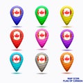 Set of map icon with flag of Canada. Illustration.