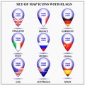 Set of map icons with popular flags. Illustration. Royalty Free Stock Photo