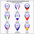 Set of map icons with popular flags. Vector illustration. Royalty Free Stock Photo