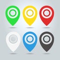 Set of Map markers, map pins, pointer elements. 6 colors, orange, blue, green, red, white, black. Location, address, destination,