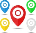 Set of Map markers, map pins, pointer elements. 5 colors, orange, blue, green, red, white. Location, address, destination, geo loc