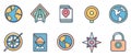 A set of map navigation icons in line style including map direction compass GPS route direction and Royalty Free Stock Photo
