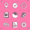 Set Map pin, Approved and check mark, Clock, Document, Pie chart infographic and Stacks paper money cash icon. Vector Royalty Free Stock Photo