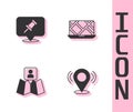 Set Map pin, Push, Folded map with location marker and City navigation icon. Vector