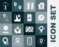 Set Map pin, Push, Folded map, with location marker, Route, Road traffic sign and City navigation icon. Vector