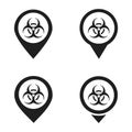 Set of map pointer with biohazard icon. Warning toxic. Dangerous area location.