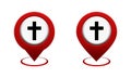 Set of map pointer with christian cross icon. Red map pin. Church location.