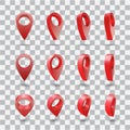 Set Map pointer 3d pin at different angles on transparent background Royalty Free Stock Photo