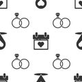 Set Map pointer with heart, Calendar with heart and Wedding rings on seamless pattern. Vector