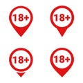 Set of map pointer with 18 plus icon. Age restriction sign. Under 18 not allowed sign. Royalty Free Stock Photo