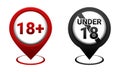 Set of map pointer with 18 plus icon. Red map pin. Age restriction sign. Under 18 not allowed sign. Royalty Free Stock Photo