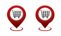 Set of map pointer with shoping cart icon. Red map pin. Store and supermarket location.