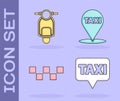 Set Map pointer with taxi, Scooter, Taxi car roof and Map pointer with taxi icon. Vector