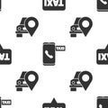 Set Map pointer with taxi, Taxi call telephone service and Map pointer with taxi on seamless pattern. Vector Royalty Free Stock Photo