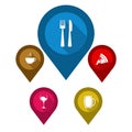 Set map pointers/ blue pin restaurant / brown pin cafe /