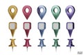 Set of map pointers in metallic colors isolated on white backgrounds. Location pin or navigation front view. 3D Locator mark of