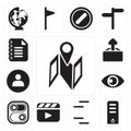 Set of Map, Server, Lines, Video player, Switch, View, User, Upload, Notepad, editable icon pack